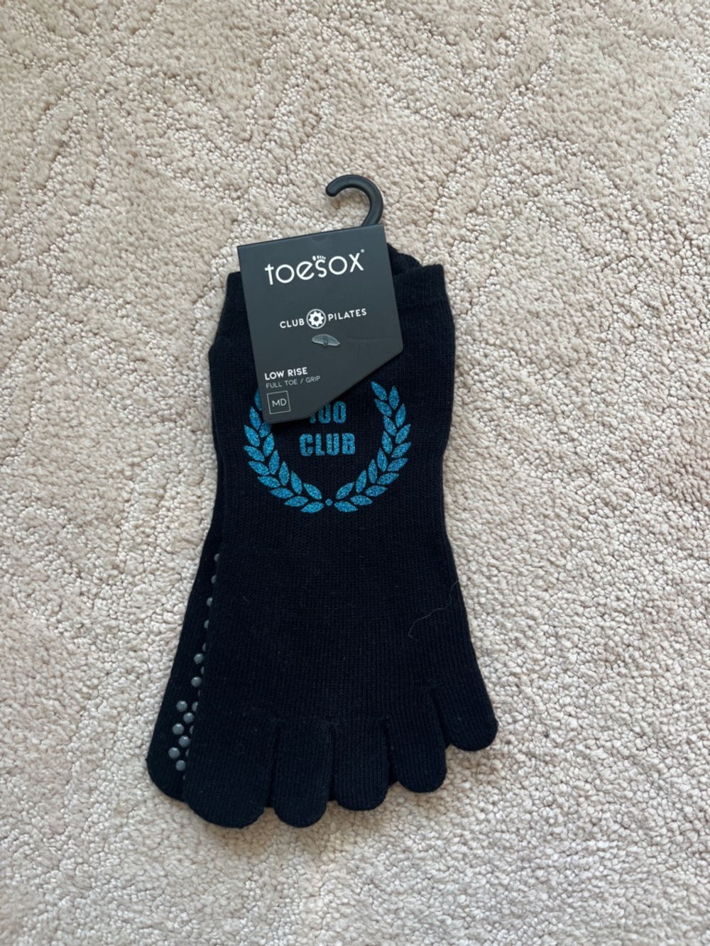 Tosox Black Low-Rise Grip Toe Socks with blue sparkle lettering